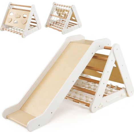 Triangle d'escalade en bois 62,5 x 64 x 57,5 cm avec échelle et planche 4 en 1 style naturel et durable en bois