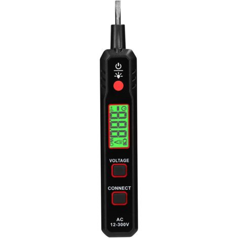 Stylo testeur électrique avec écran LCD, testeur de tension AC12-300V, détecteur de phase/neutre, localisateur de coupures de câbles, lampe torche et alarme sonore.