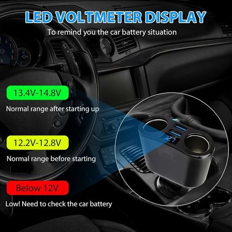 Caricabatterie da auto USB QC 3.0, 12V 120W, 2 porte USB + 2 prese, caricabatterie da auto con display LED della tensione per telefoni, tablet, iPhone, dispositivi Galaxy e dispositivi GPS (1/5)