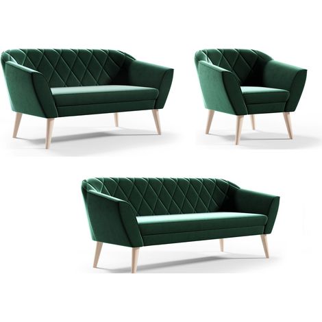 Couchgarnitur Grun Wohnzimmerset 3+2+1 Sitzer Samt Hohe Holzfüße Buche (1/5)