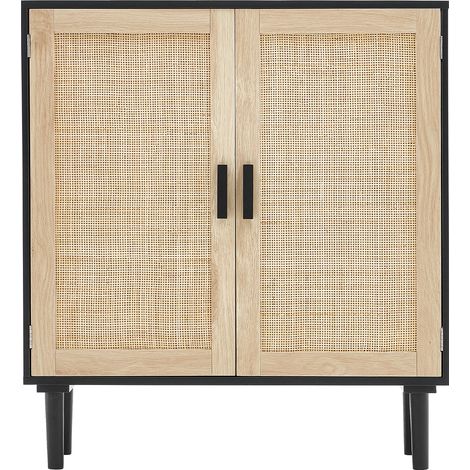 Mophorn Mobiletto in rattan - Nero, con 2 ante magnetiche e ripiani regolabili, credenza ideale per corridoio, ingresso, soggiorno e cucina, elegante soluzione di stoccaggio (1/5)