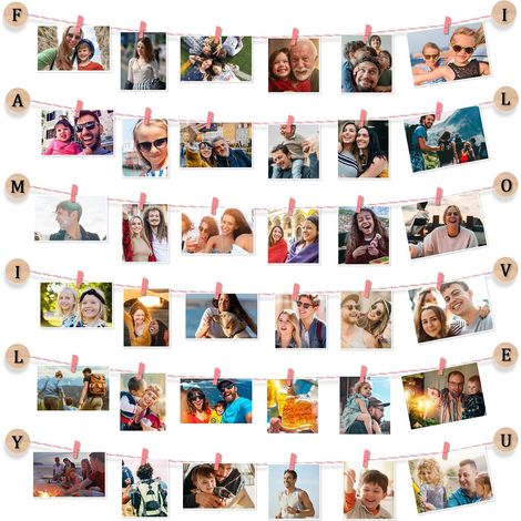 Cadre Pele Mele Photo Mural Porte Photo avec Pince et Corde, Décoration Murale DIY Personnalisé (Rose Clair) (1/5)