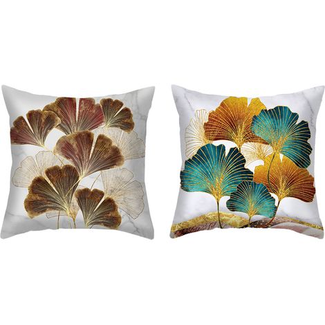 Taie d'oreiller courte en peluche à imprimé ginkgo vert doré, idéale comme housse de coussin pour votre canapé. (1/4)