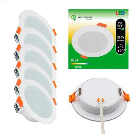 Lampesecoenergie – Lot de 6 spots LED encastrables extra plats 9W – IP54 pour salle de bain – Blanc chaud 3000K – Angle de diffusion 120°