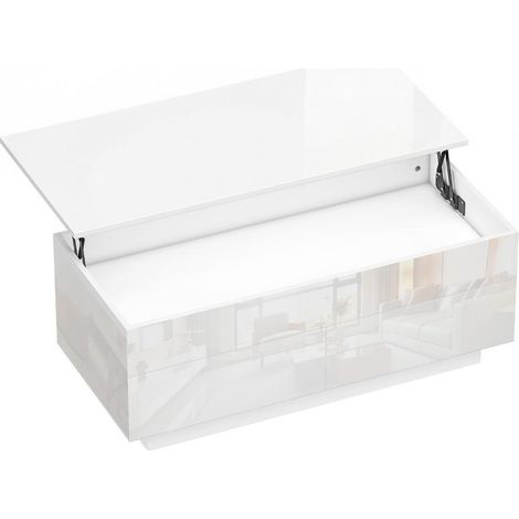 Table basse réglable en hauteur, table de salon moderne avec rangement dissimulé et 2 tiroirs, blanc brillant