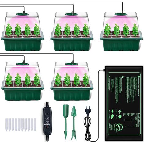 Lampe de culture Growbox à spectre complet avec tapis chauffant, mini-serre d'intérieur avec minuterie et variateur, kit de propagation avec 5 pots pour semis en intérieur (1/5)