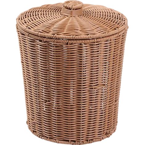 Panier de rangement tressé en plastique avec couvercle,poubelle de bureau,panier de rangement pour salon,chambre et salle de bain (1/5)
