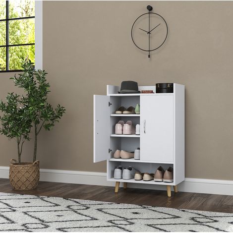 Scarpiera in legno bianca 60 x 30 x 92 cm con ante, 3 ripiani interni e fissaggio a parete (1/5)