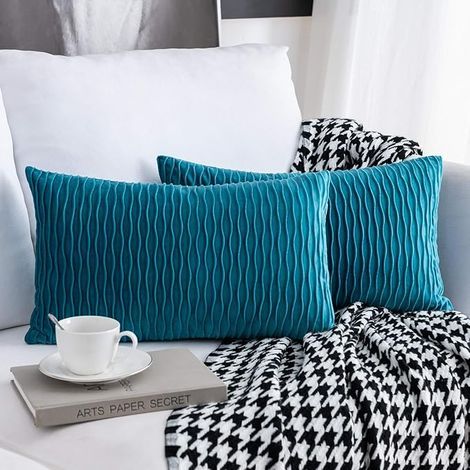 Housse de Coussin Velours, Lot de 2 taie d'oreiller Décorative Housses Coussin Carrés de Motif Uni, Housses d'oreiller Modernes pour Maison Salon Canapé Décoration Chambre, 30x50cm Turquoise (1/4)