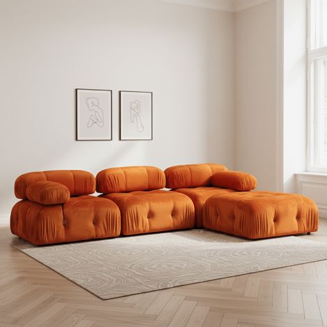 Modulares XXL-Ecksofa Bubble mit Ottomane – Samtorange