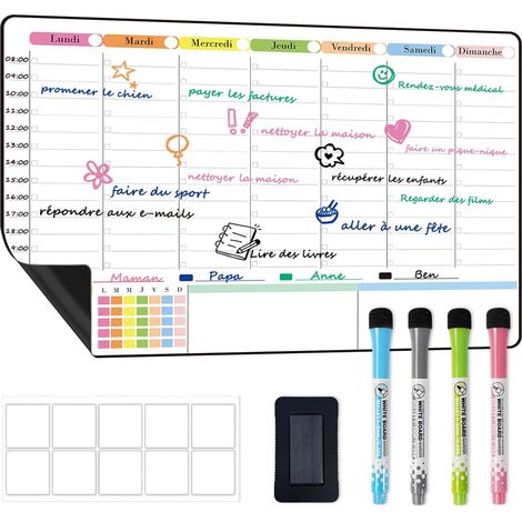 Tableau Blanc Effaçable Magnétique 42x28 cm, Calendrier Magnetique Frigo, Planning Semaine et Organisateur Hebdomadaire pour Tâches, Menus et Planificateur de Repas - en Français (1/5)