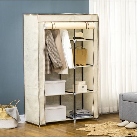 Armoire tissu 103x43x162,5 cm avec penderie creme OKMYHOME (1/4)