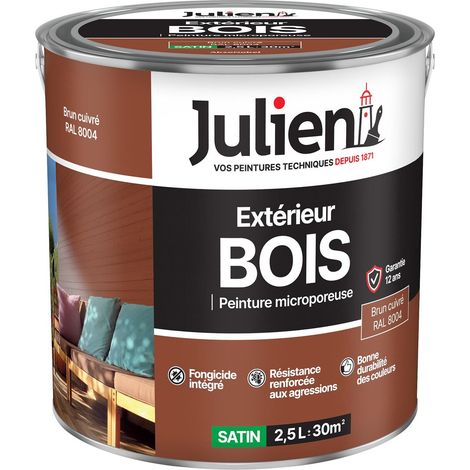 Julien Peinture Bois Microporeux Extérieur Satin - Portes, fenêtres, portails, mobilier de jardin - Brun Cuivre 2,5 L