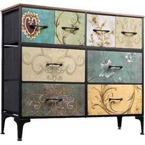 Commode 8 tiroirs tissu style vintage, meuble rangement 3 étagères, petit espace (1/5)