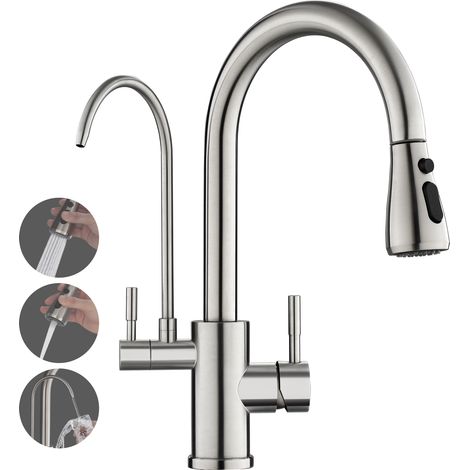 Rovogo – Mitigeur d'évier de cuisine 3 voies – Eau filtrée, chaude et froide – Acier inoxydable 304 brossé – Douchette extractible 3 modes – Rotation 360° (1/5)