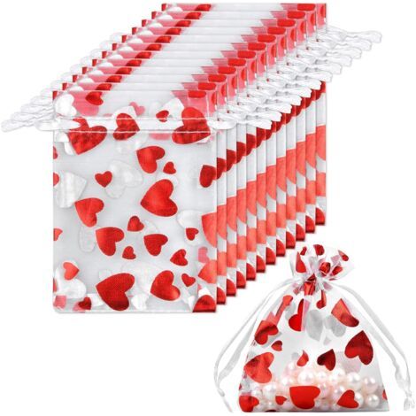 50 Pièces 8x10cm Sachets Pochettes Cadeau en Organza, Petit Sac à Bijoux avec motif cœur, Sachets à Cadeaux avec Cordon de Serrage, Pochettes en Organza pour Bonbons Chocolats Perle Marriage (1/5)