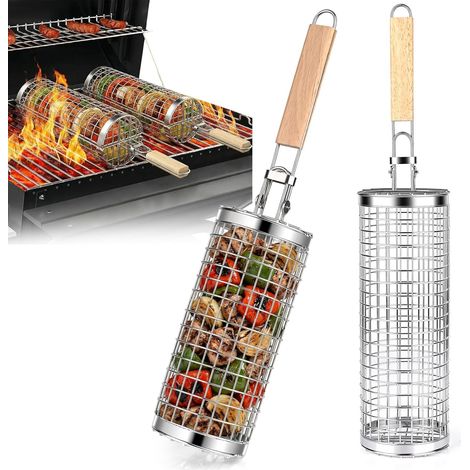 2 Pièces Paniers de Gril Cylindriques avec Poignée Détachable, Acier Inoxydable 304, Accessoires Grille à Legumes, Ustensiles Grill de Cuisine Exterieur Camping (1/5)