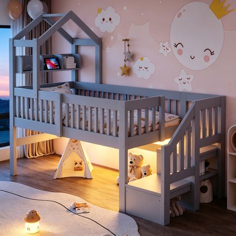 Lit mi-hauteur enfant 90x200 cm, lit cabane avec étagère, veilleuse USB, LED, échelle avec rangement, garde-corps, espace ouvert, bois gris (1/5)