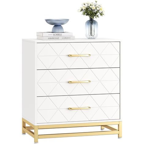 Commode Moderne Blanche à 3 Tiroirs, Poignées Dorées et Pieds en Métal, 61x40x73 cm (1/5)