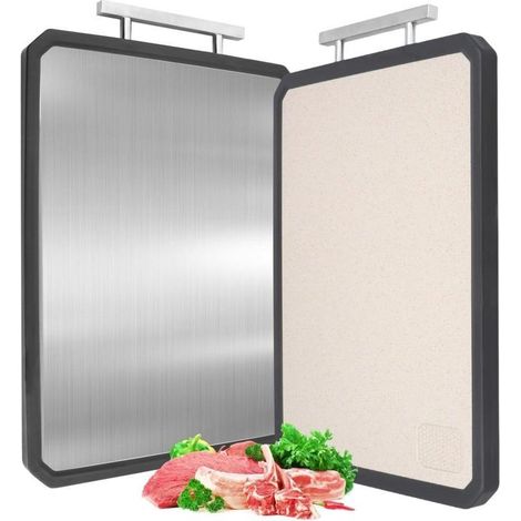 Planche à découper double face, planche à découper professionnelle en acier inoxydable avec poignée intégrée, antimicrobienne, compatible lave-vaisselle, planche à découper pour viande, poisson et fru