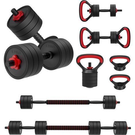 Set d'haltères réglable, 10KG/30KG Set d'haltères de poids avec prise, 4 en1 Set de poids d'entraînement pour Home Gym, Haltère long, Kettlebells, Push up Stand Appareils de fitness (1/5)