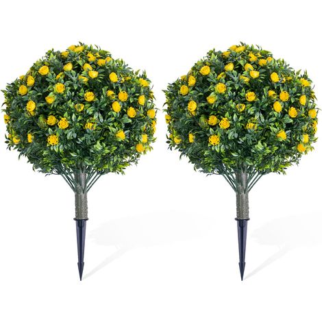Arbre topiaire artificiel boule de fleurs jaunes – Plante décorative réaliste en PE, piquet au sol – Facile d'entretien, idéale pour intérieur/extérieurérieur, vase ou jardin – Lot de 2 (1/5)