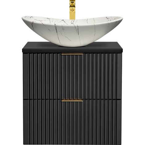 Badezimmer Waschtisch, 61cm, matt schwarz gerillt mit Keramik-Waschbecken weiß marmoriert ADELAIDE-56-BLACK, B/H/T ca. 61,5/74,2/46,5 cm (1/5)