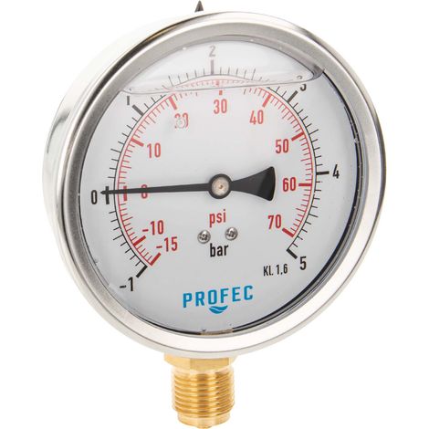 Profec Manometer -1 bis 5 bar, Glyzeringefüllt, Ø 100 mm, 1/2 Zoll Anschluss nach unten Radial