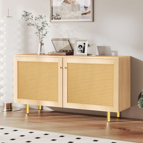 Sideboard 120x40x63 cm Natur MDF mit geflochtenen Rattantüren und goldfarbenen Metallbeinen (1/5)