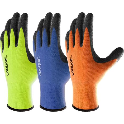Work Gloves for Men Women, 3 Pairs Non Slip Latex Crinkle Garden Gloves with Firm Grip, Orange, Yellow, Blue, 3 Pairs L (1/5)