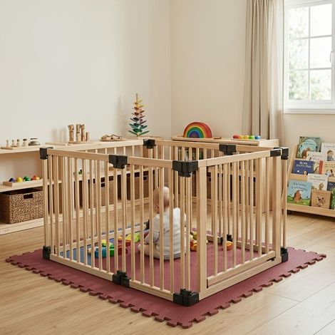 Safetots Wooden Play Den 80cm x 120cm, Natural Wood, 76cm High, with Soft Foam Play Mat, Warm Rose, 90cm x 150cm