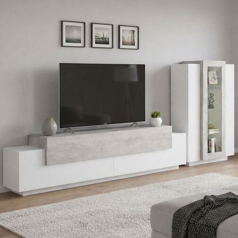 Dmora Modulare Wohnwand, Made in Italy, mit weißem LED-Licht, TV-Ständer und Vitrine, Modernes Wohnzimmer-Set, 290x45h121 cm, Weiß glänzend und Zementfarbe (1/5)