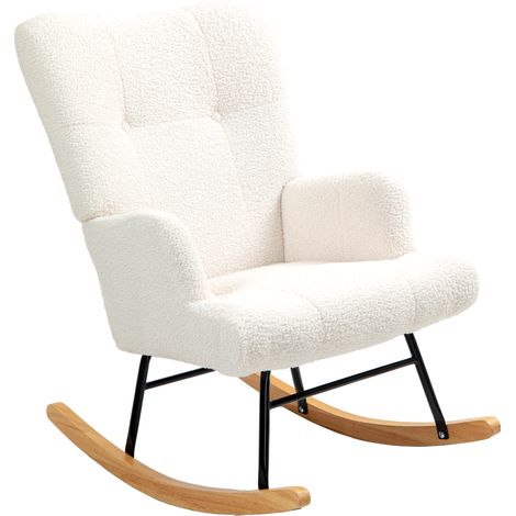 Fauteuil à bascule en peau de mouton av. dossier capitonné et piètement en bois d'hévéa p. salon ou chambre, 65 x 88 x 87 cm, couleur (1/5)
