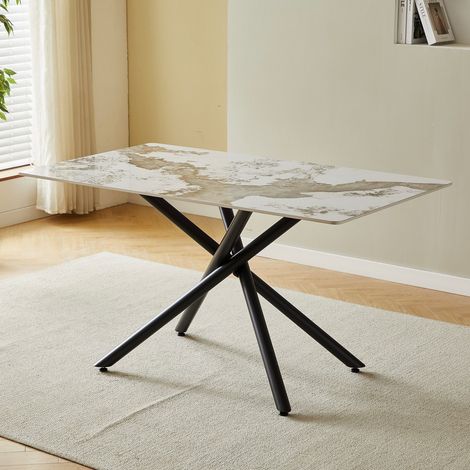 Tavolo Linus2358 con piano in ceramica effetto marmo bianco pandora brown lucido e gambe in metallo nero 140x80x76H (1/5)
