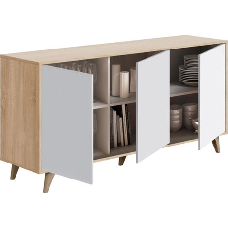 Buffet 3 portes 154x40x75 cm blanc et chêne - NORA