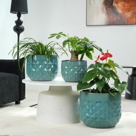 Set de 3 jardinières en terre cuite émaillée artisanale, diamètres 36/29,5/21,5 cm, décor géométrique turquoise, poreuses, anti-gel, avec évacuation d'eau, adaptées à l'intérieur, terrasse, patio (1/5)