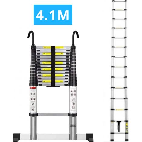 Echelle télescopique aluminium 14 marches H 4,1M avec crochets démontables et barre stabilisatrice - SECURY-T