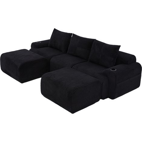 Sofá modular de 3 plazas de pana negra con 2 reposapiés, portavasos y bolsillo lateral HOMVRA (1/5)