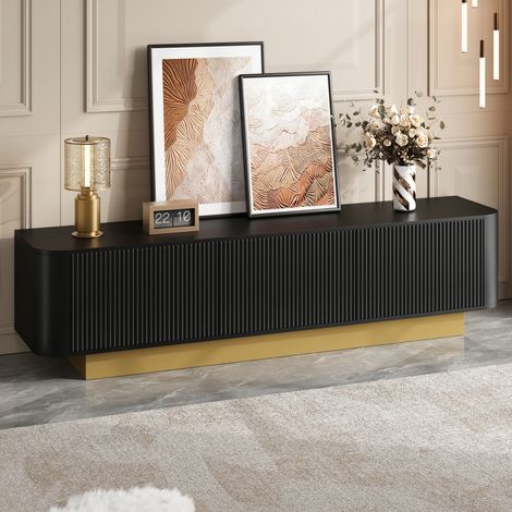 REDOM Mueble TV 170x40,5x47 cm con 3 puertas, espacio de almacenamiento, gestión de cables, panel texturizado, negro (1/5)