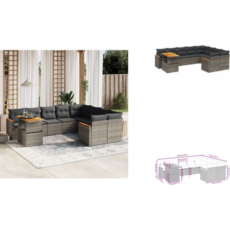 The Living Store Salon de jardin avec coussins 10 pcs gris résine tressée - Meubles extérieurs (1/3)