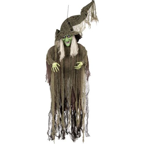 Décoration suspendue Halloween sorcière - BOLAND - Sorcière maléfique - 190 cm - Noir et vert - Visage et mains verts (1/5)