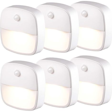 Lampe Détecteur de Mouvement Interieur, Lot de 6 Veilleuse LED Pile, Veilleuse d'escalier Automatiquel pour Couloir, Chambre, Cuisine, Placard - Blanc Chaud (1/5)