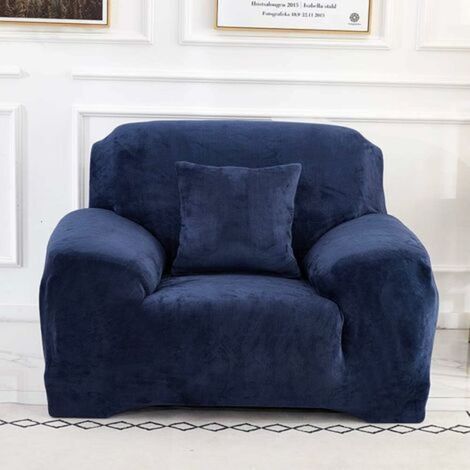 Housse de canapé 1 place (coussin d'assise non inclus) housse de protection en velours facile à installer tissu extensible élastique housse de canapé lavable en machine (1 place : 90-140 cm, bleu) (1/4)