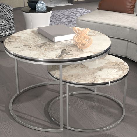 [En.Casa] – Set de 2 tables basses gigognes effet marbre blanc argent – Structure métal – Dimensions 50x70cm et 43x60cm – Idéal pour petits espaces