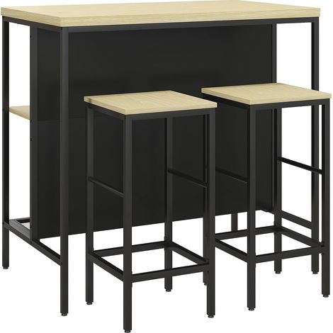 Ensemble Table de Bar et 2 tabourets, Métal Noir et Aspect Bois (1/5)