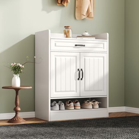 Zweitüriger Schuhschrank 75 x 36 x 95,5 cm mit Schublade und verstellbaren Einlegeböden, praktische Aufbewahrungsmöglichkeiten, lackierte Faserplatte, weiß