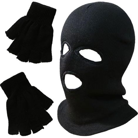 3 Trous Plein Visage Balaclava Noir Hiver Masque Coupe - Vent Cou Chaud Tricot Masque Hommes Femmes Sports de Plein air équitation Ski Demi - Doigt Gants (1/5)