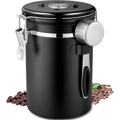 Airtight 1.8L stainless steel coffee tin with spoon, date tracking and CO2 release valve for beans, ground coffee, tea, flour, cereals and sugar (black) (1/5)