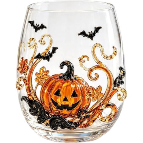 Copa de vino transparente de 350 ml con diseño de calabaza y murciélago de Halloween. (1/5)