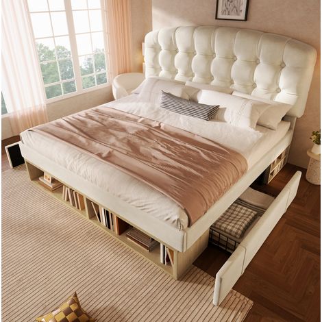 Lit double en velours beige 140x200 cm avec sommier à lattes, tête de lit réglable et rangements (1/5)